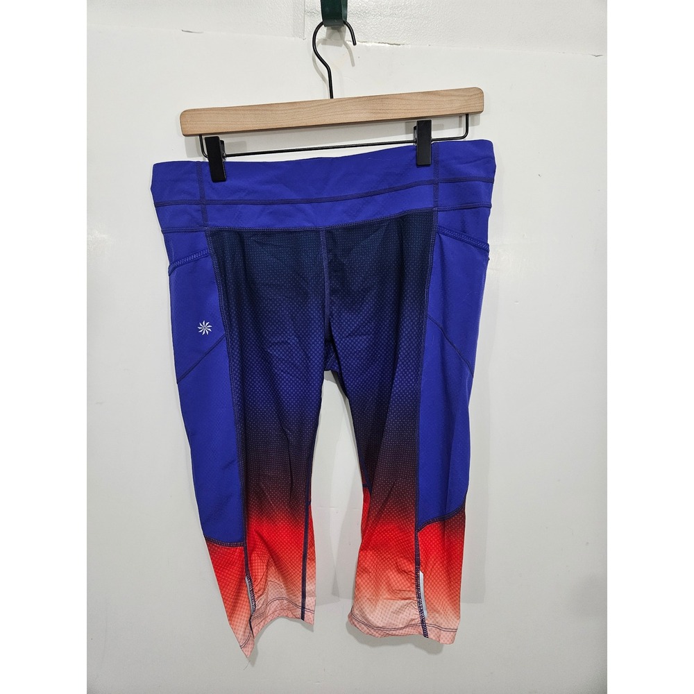Athleta Womens Blue Red Ombre Gradient Capri Leggings Pockets Size L
